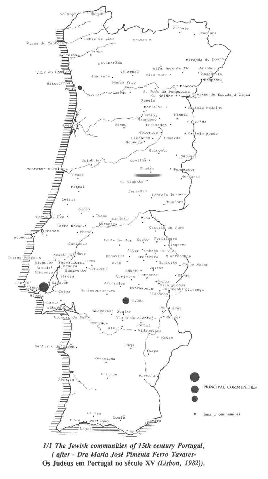 A Map of Portugal showing Jewish communities